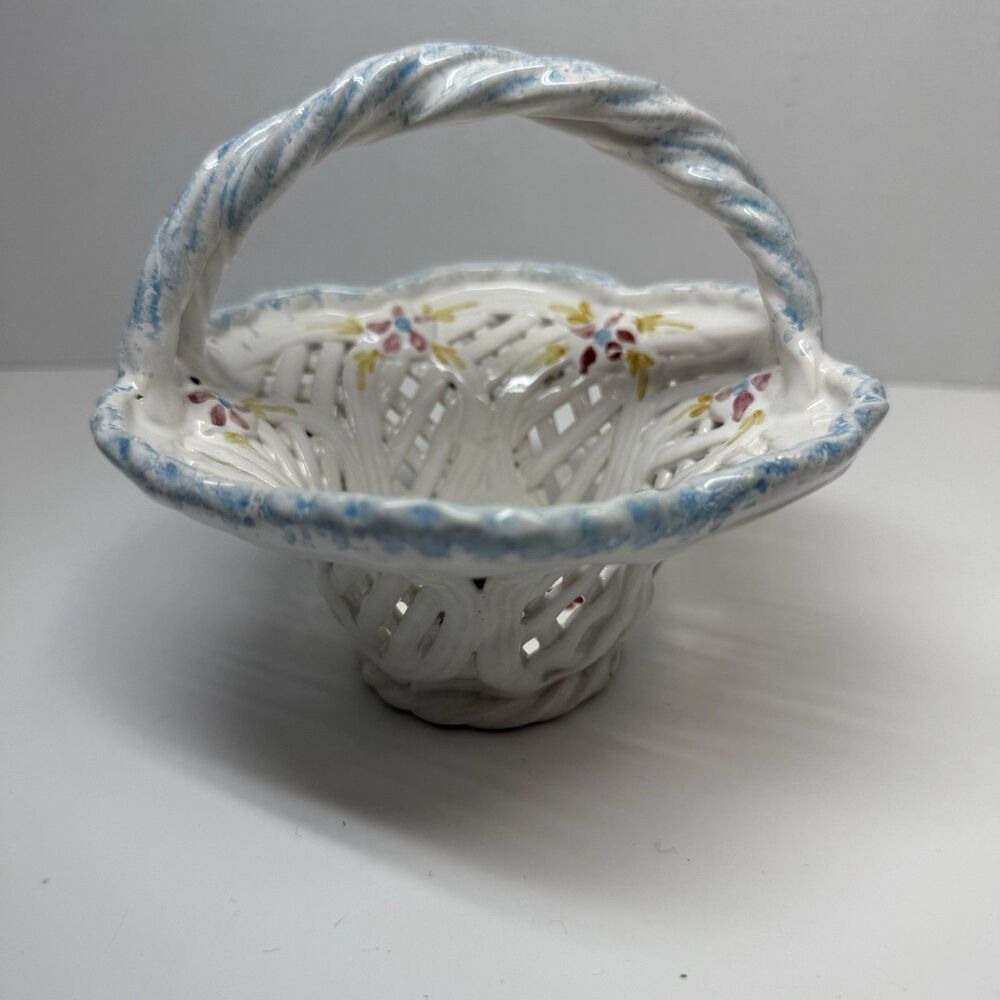 Vintage Hand Painted Floral Ceramic Woven Basket For Display Or Trinkets